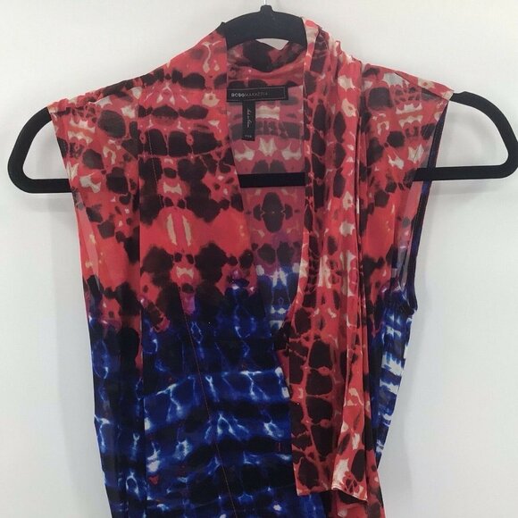 BCBGMaxazria Women's Sz XXS Red/Blue Persian 100% Silk Sleeveless Wrap Blouse - Picture 4 of 7